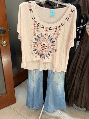 H.I.P. Light Peach Embroidered Boho Crop Top